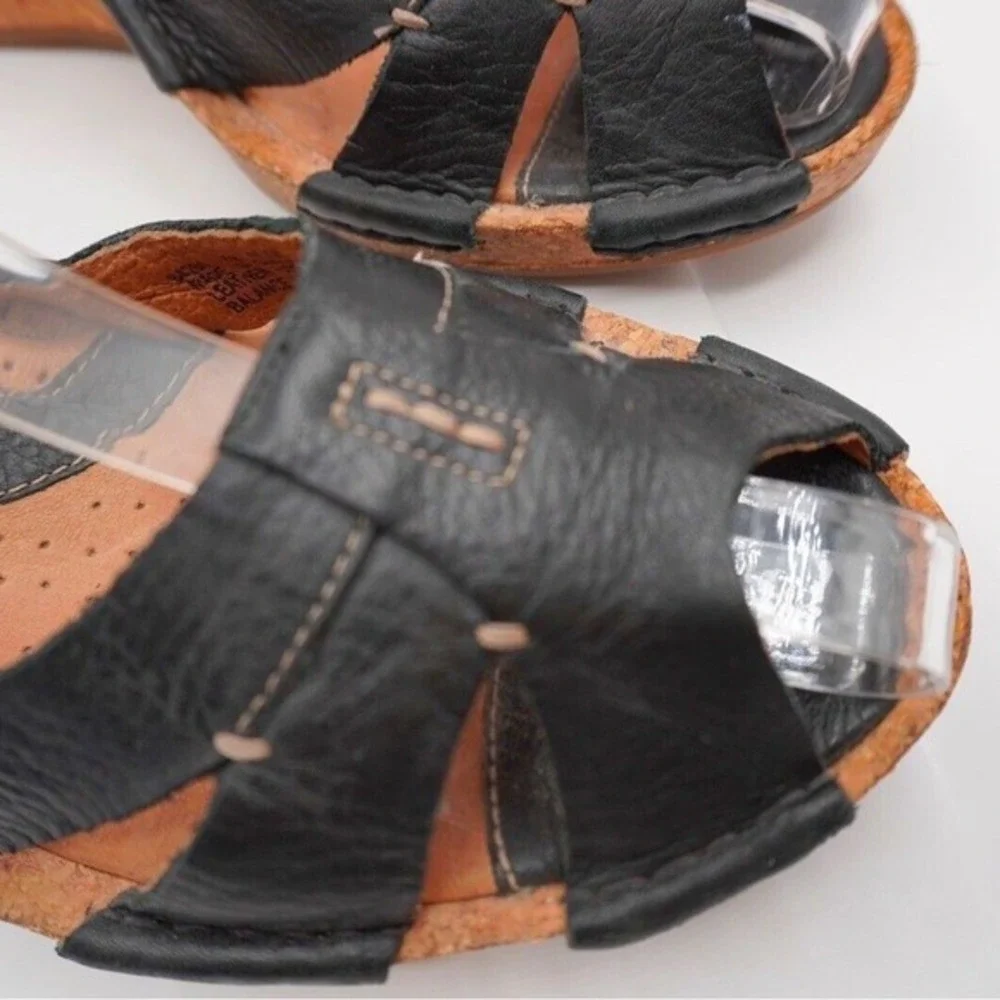 Clarks Artisan Black Leather Cork‎ Wedge Sandals Strappy Shoes 11 Vacation 34-05